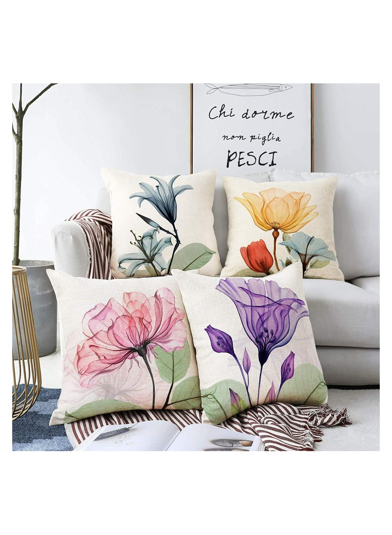 Decorative Floral Flower Pillow Covers 18 x18“ Linen Cushion Case for Living Room Couch Sofa Patio Outdoor Home Deco Ink Flower Linen Printed Pillowcase Home Sofa Bedside Office Pillowcase - Image 2